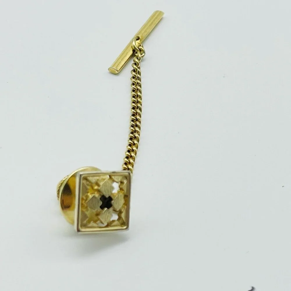 Vintage Gold Tone Square Tie Tack Chain Lapel Pin